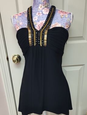 Cache Black Strapless Beaded Halter Top with Gold Accents